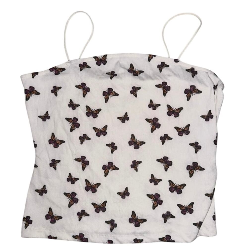 Belle Tweed monarch butterfly spaghetti strap ribbed white tank top y2k shirt XL